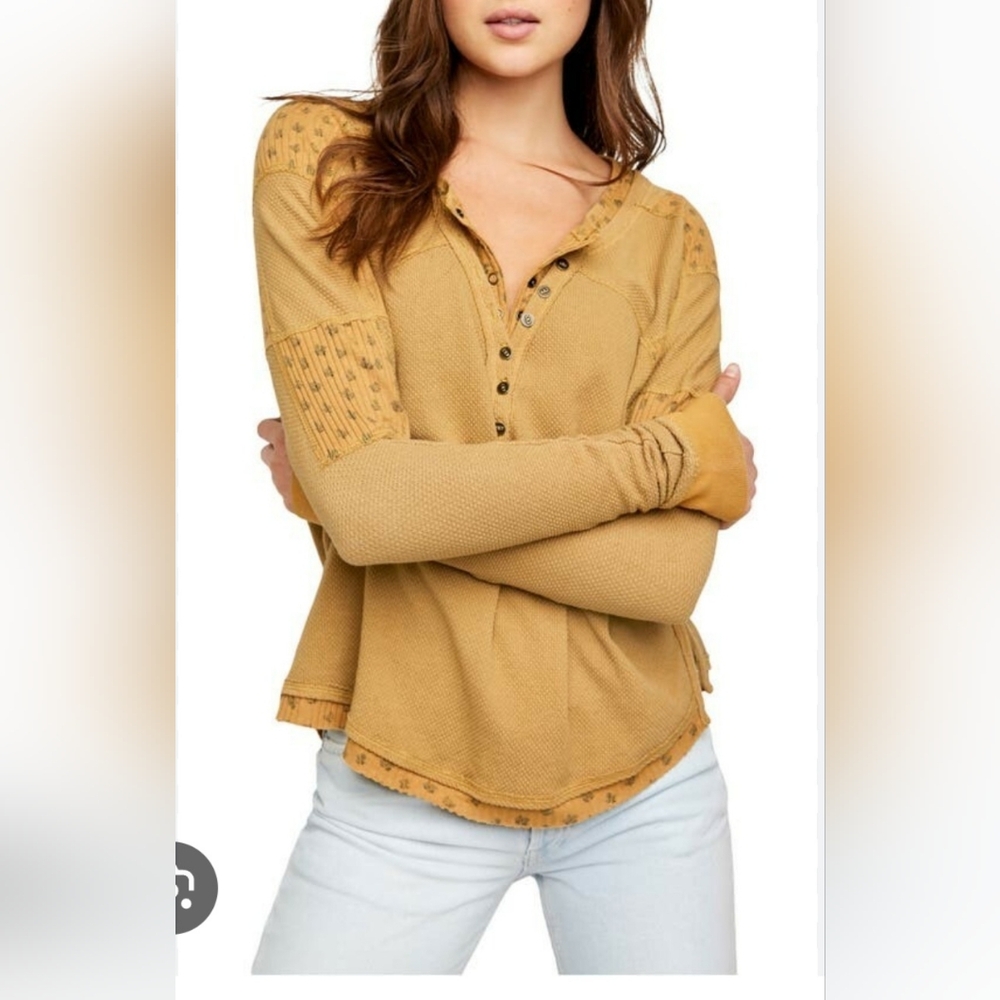 Free People Mustard Long Sleeve Henley Top